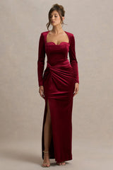 Fay | Berry Velvet Corset Style Knot Maxi Dress
