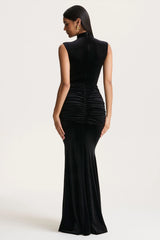 Idalina | Black Velvet High-Neck Maxi Dress With Gathered-Detailing