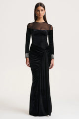 Perrin | Black Velvet Crew-Neck Maxi Dress With Embellished Cuffs