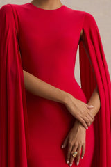 Briony | Red Crew-Neck Maxi Dress With Cape Sleeves