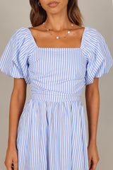 Clo Puff Sleeve Midi Dress - Blue Stripe