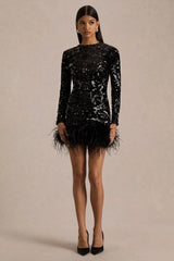 Stardust | Black Sequined Velvet Crew-Neck Mini Dress With Feather Trim