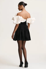Brynne | Black & Cream Velvet Mini Dress With Satin Puff Sleeves
