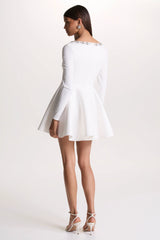 Astonish | White Long-Sleeve Embellished Square-Neck Mini Dress With Volume Skirt