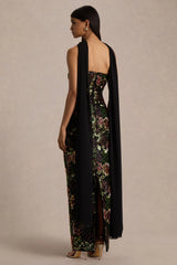 Cora | Winter Floral Embellished Mesh Bandeau Maxi Dress With Scarf