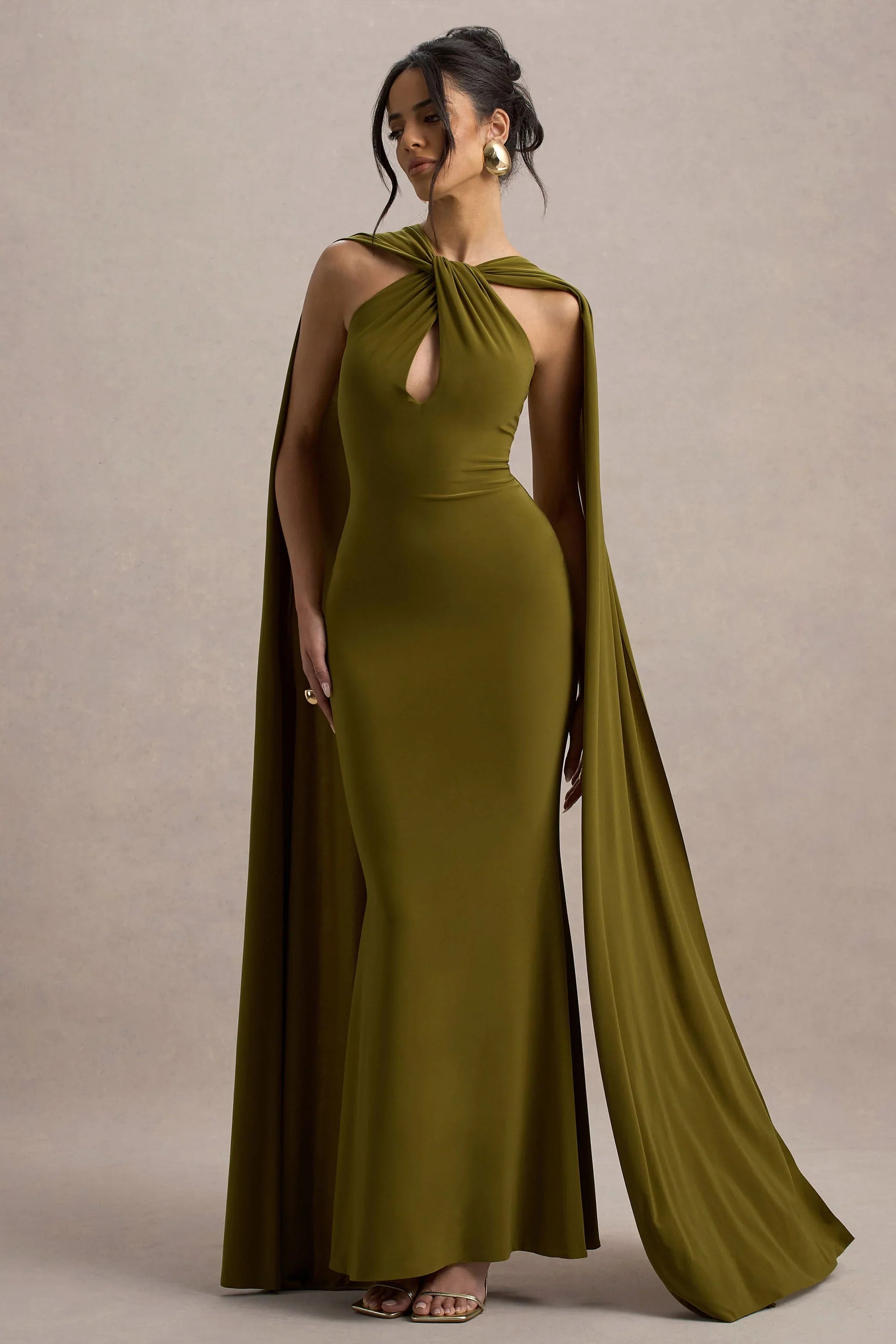 Rhoda | Green Twist Halter-Neck Cape Maxi Dress