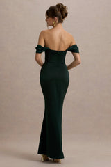 Annie | Bottle Green Satin Bardot Maxi Dress With Split Wrap Skirt