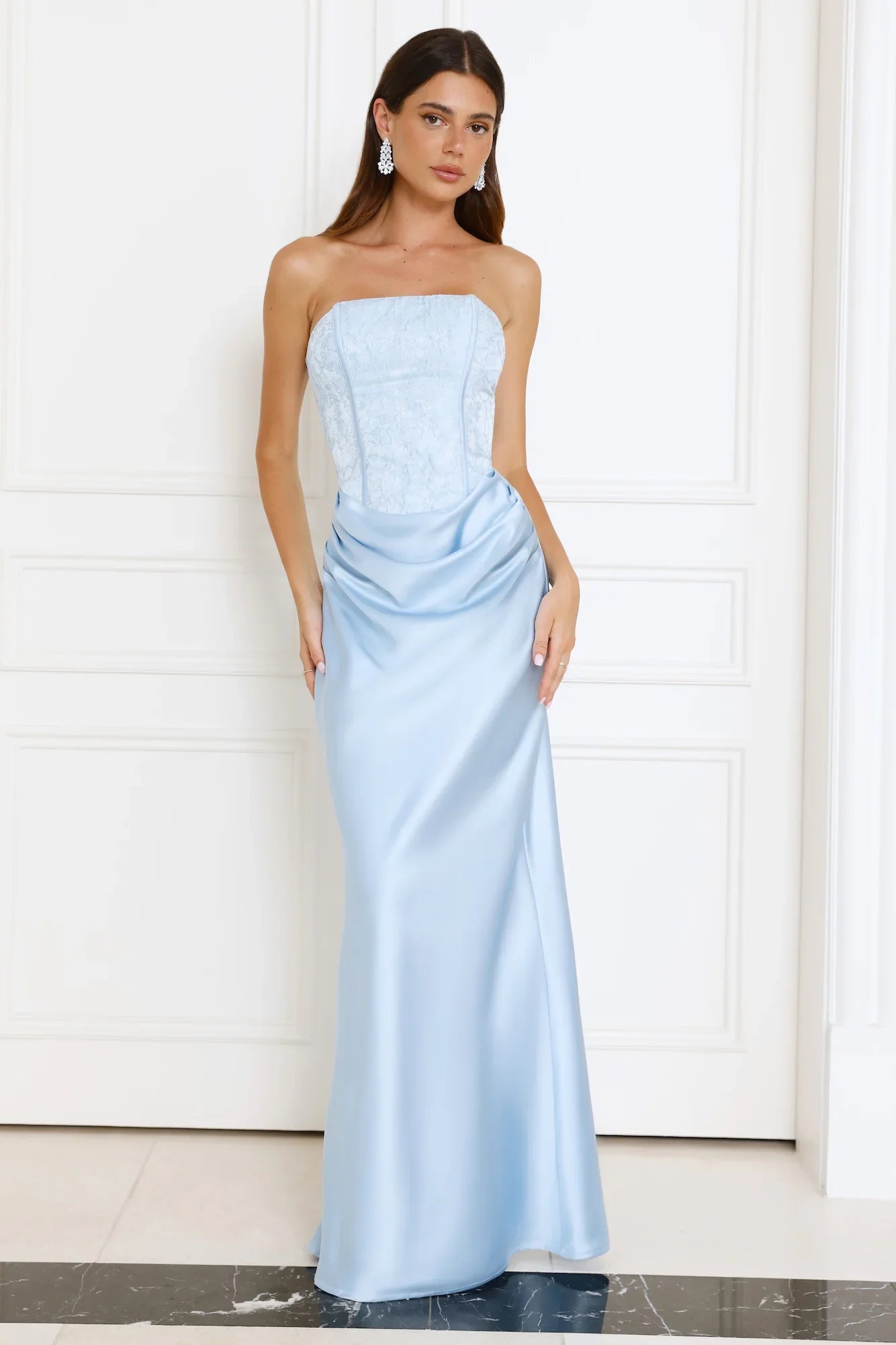 Dressed To Dazzle Strapless Satin Maxi Dress