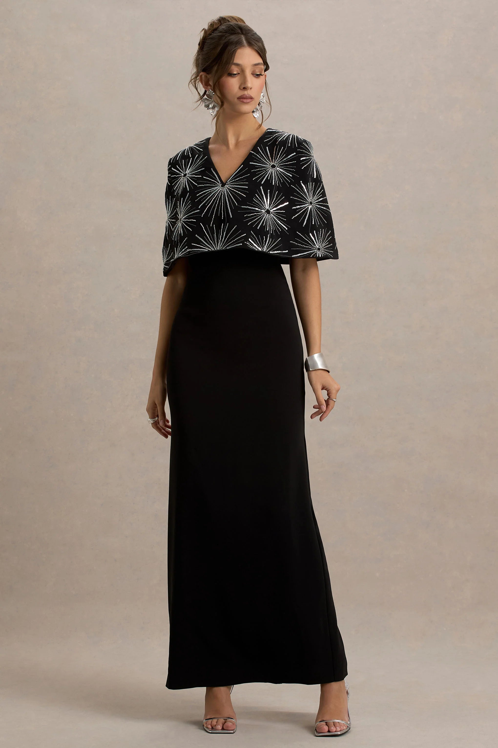 Agnella | Black Embellished V-Neck Maxi Dress