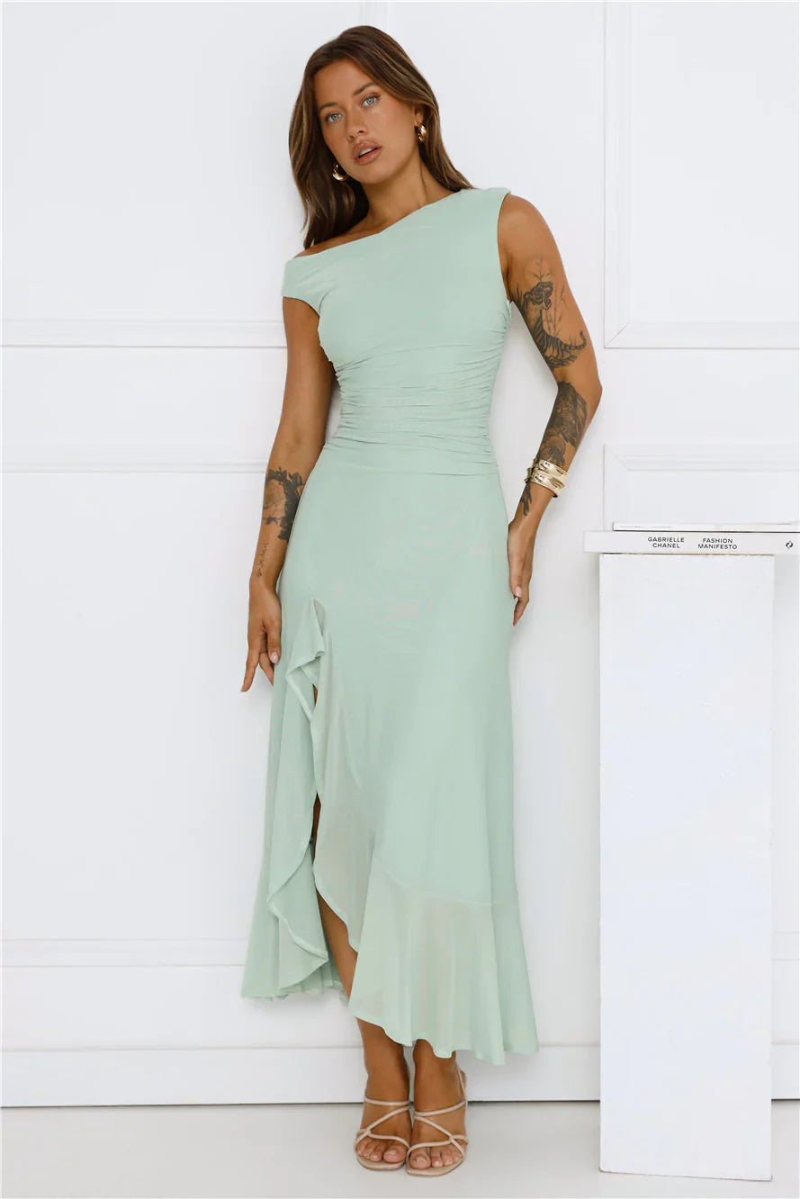 Effortless Girl Off Shoulder Mesh Midi Dress