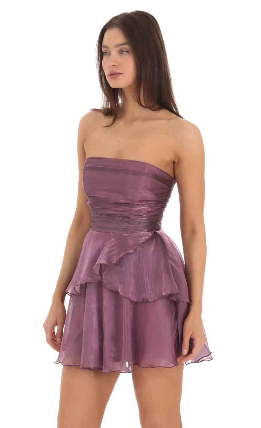 Petal Ruffle Strapless Dress in Purple