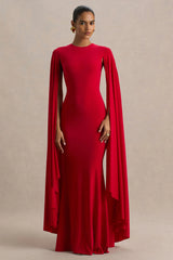 Briony | Red Crew-Neck Maxi Dress With Cape Sleeves