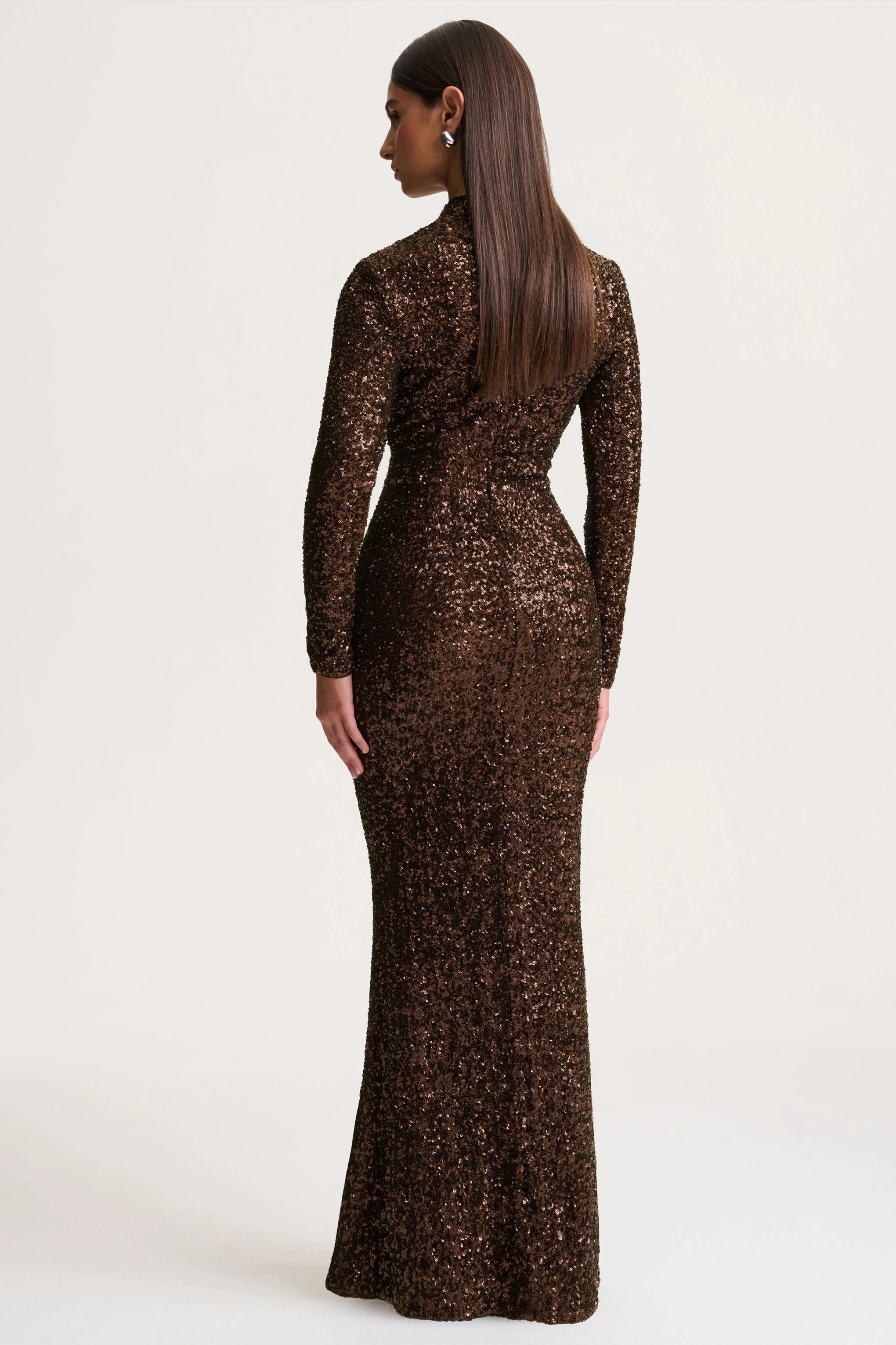 Galaxy | Brown Sequin Turtle-Neck Long-Sleeve Maxi Dress