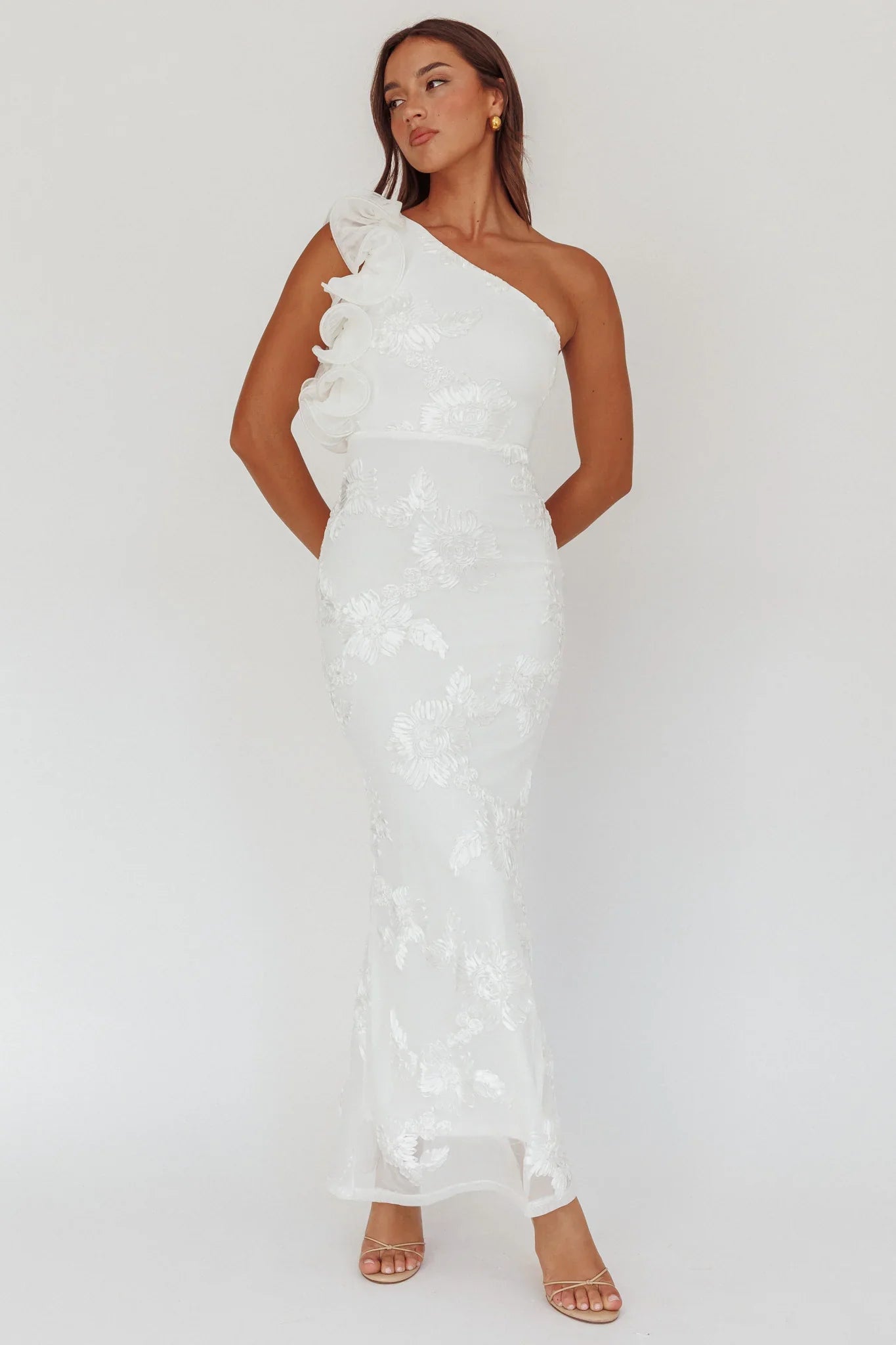 Deanna One-Shoulder Ruffle Maxi Dress Floral Texture White