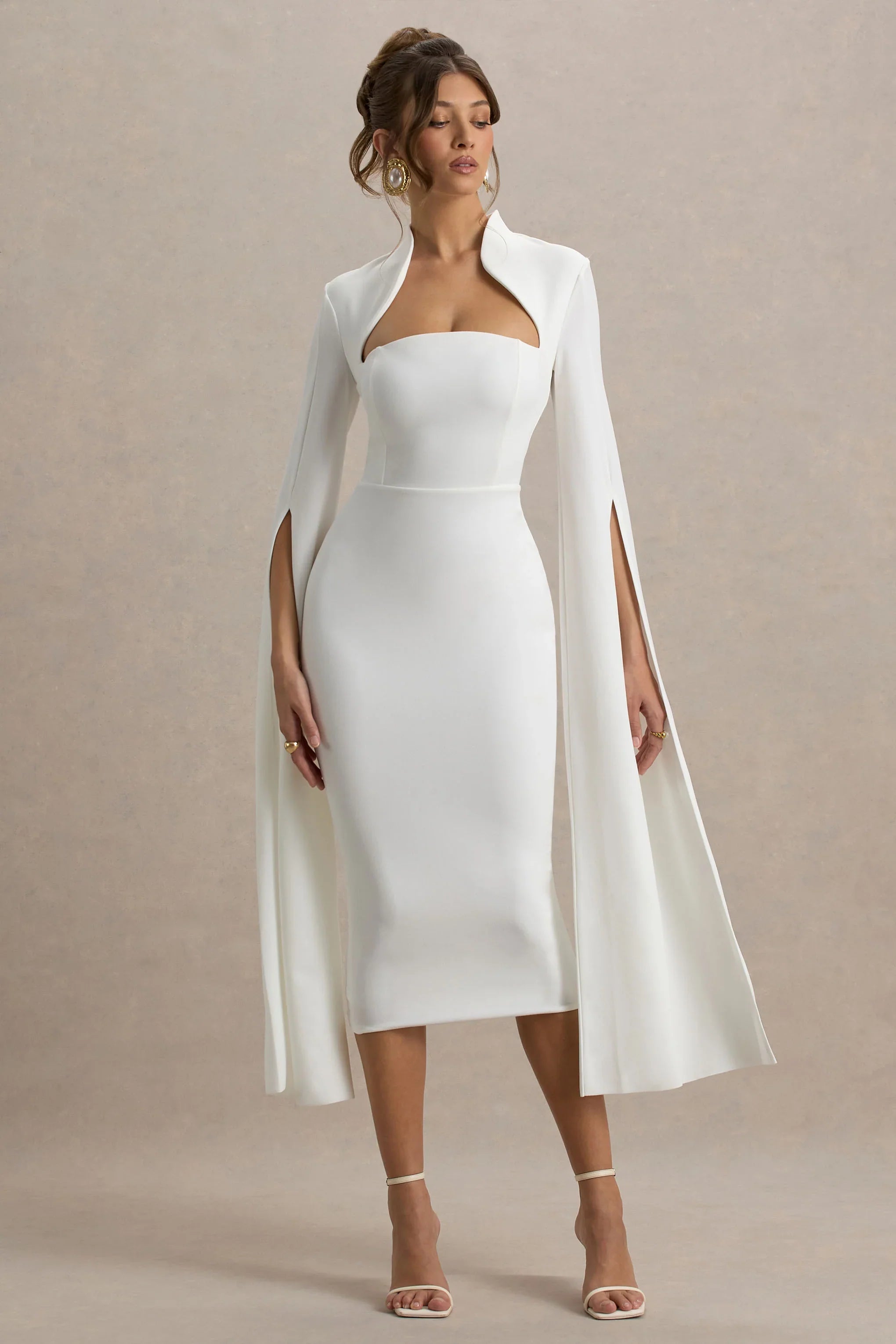 Linden | White Bodycon Cape-Sleeve Midi Dress