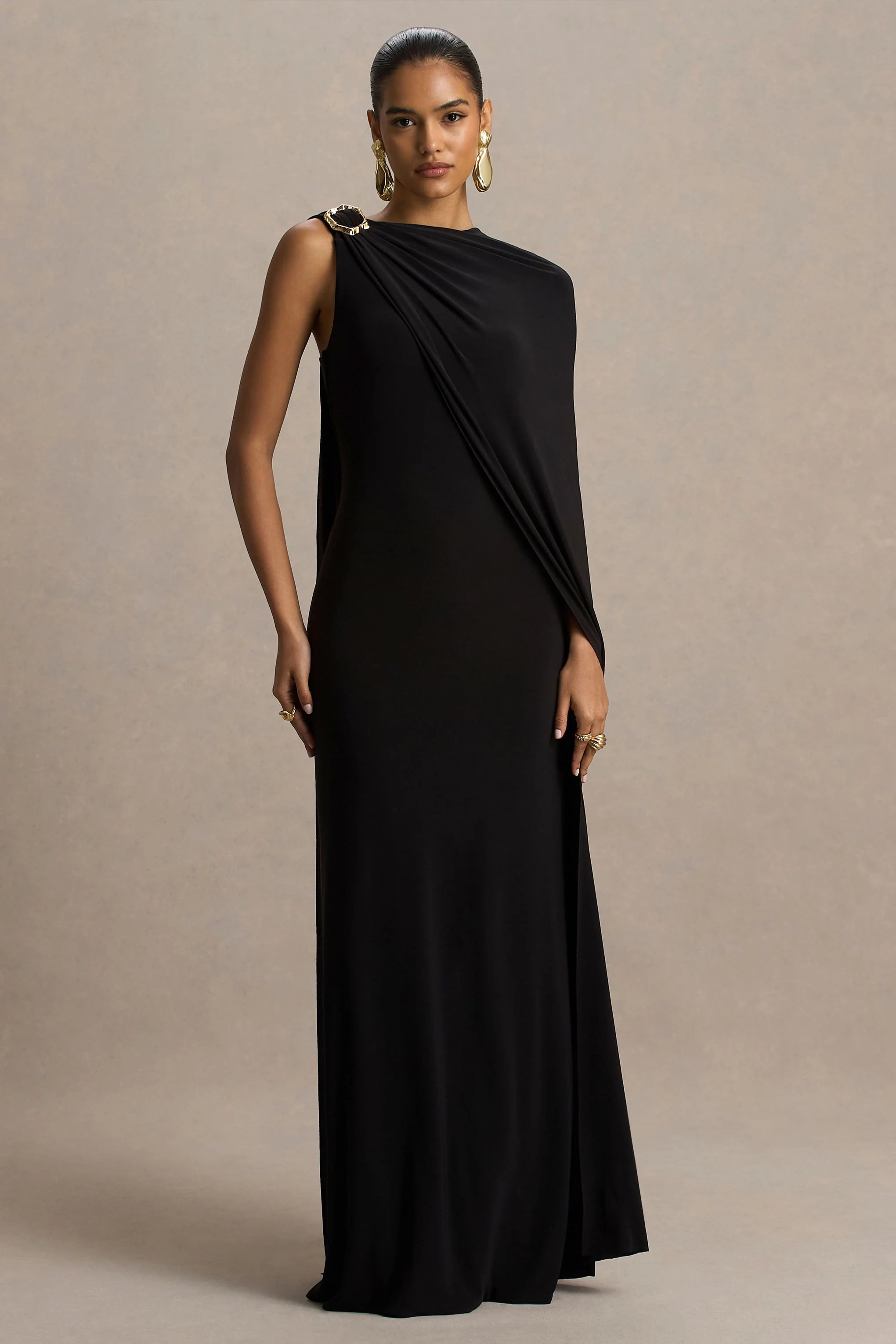 Cressida | Black Asymmetric-Neck Maxi Dress With Cape And Gold Detail
