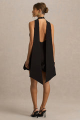 Geneve | Black Halter-Neck Mini Dress With Ruffled Trim