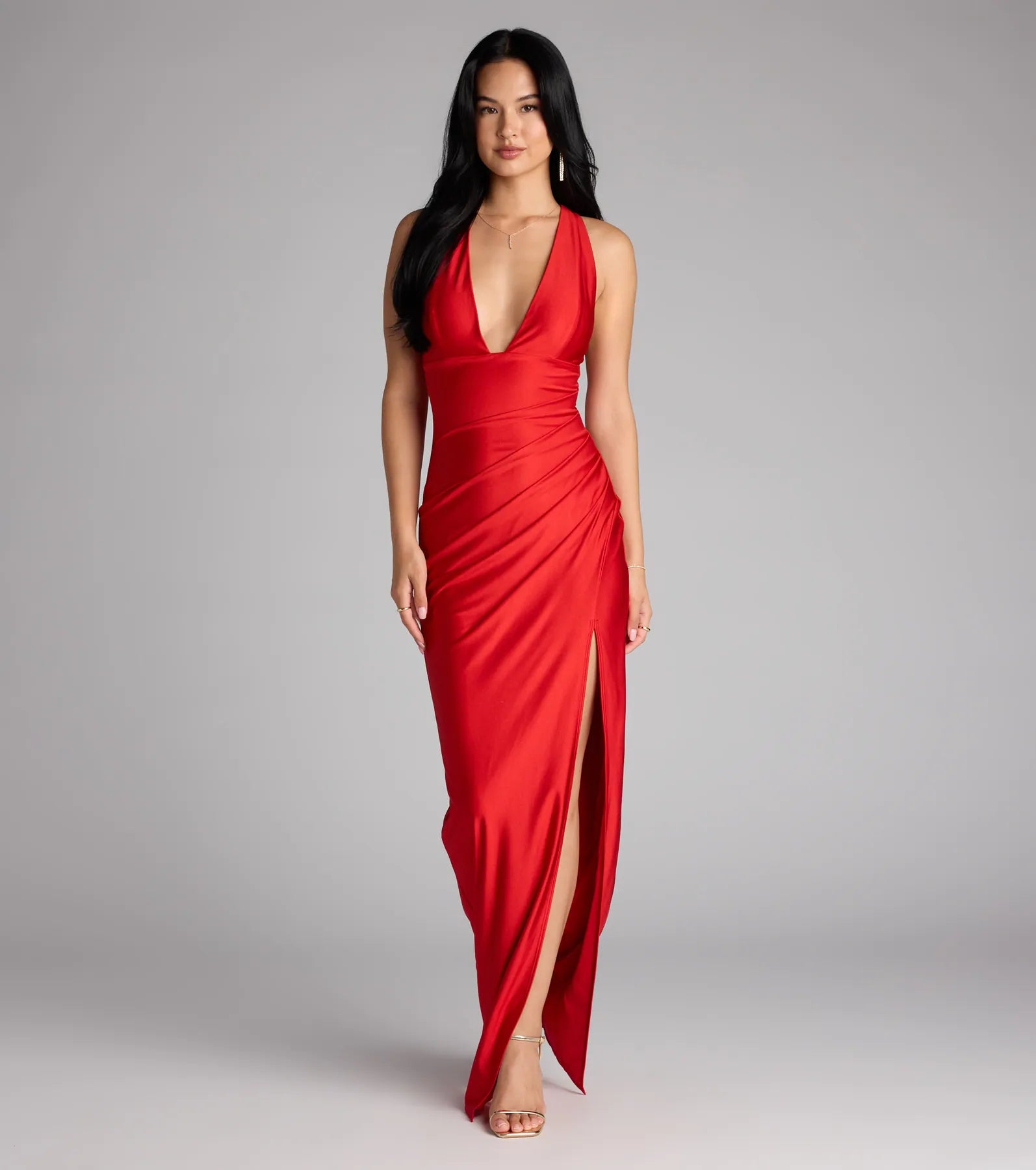 Jenn V-Neck Strappy Back Slit Long Formal Dress