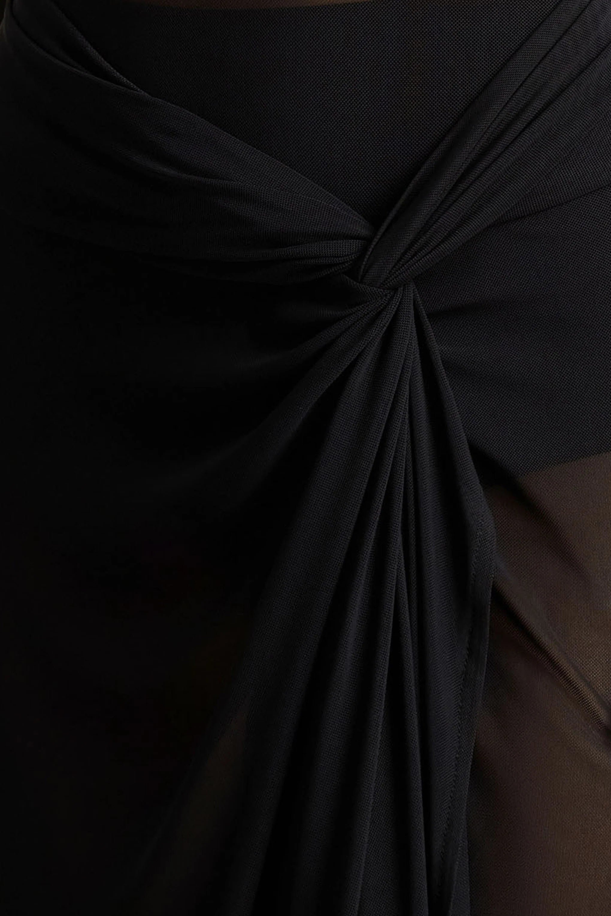 Koami | Black Mesh Long-Sleeve Ruched Maxi Dress With High Split
