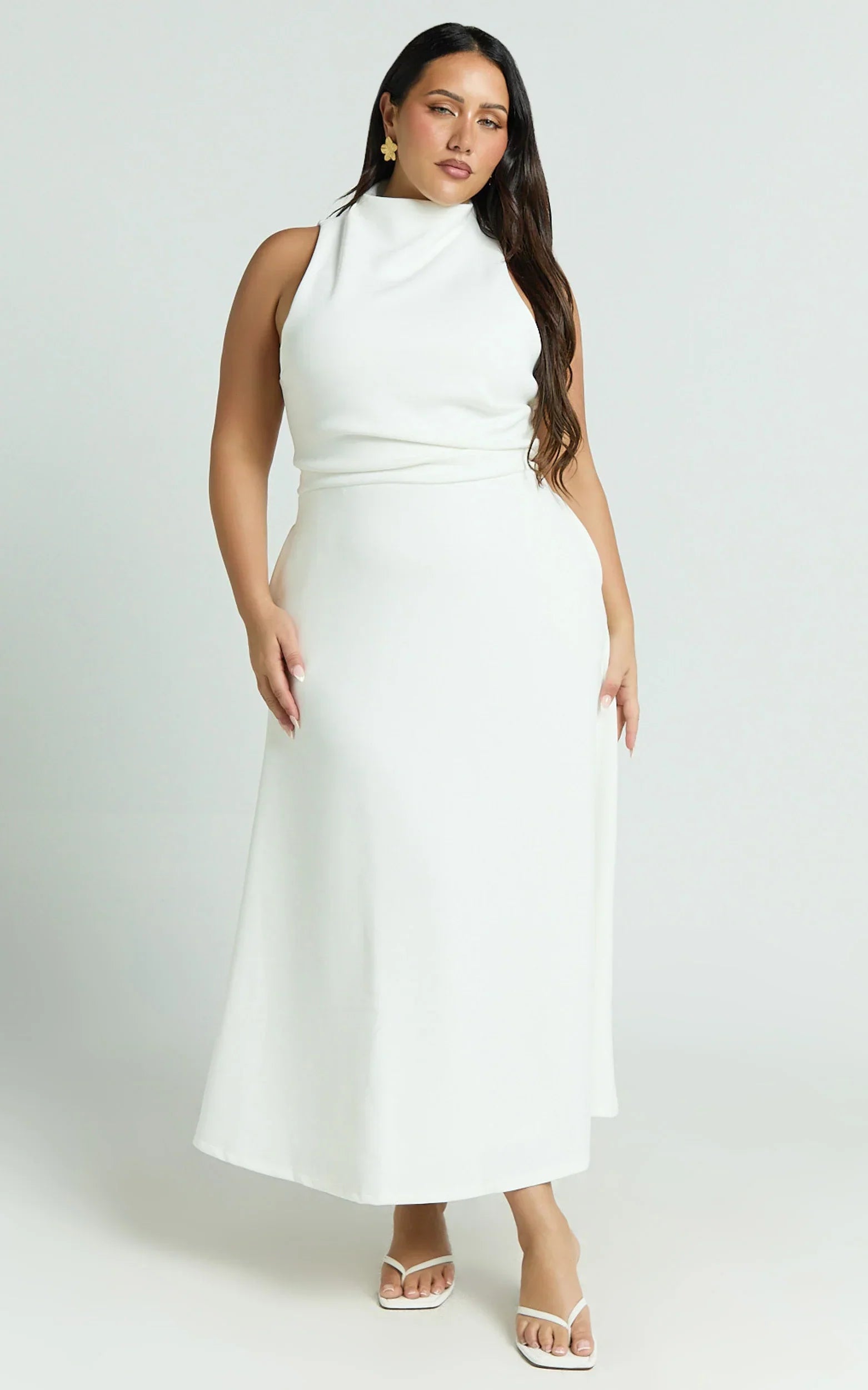 Macy Midi Dress High Neck A Line Dress in Off White