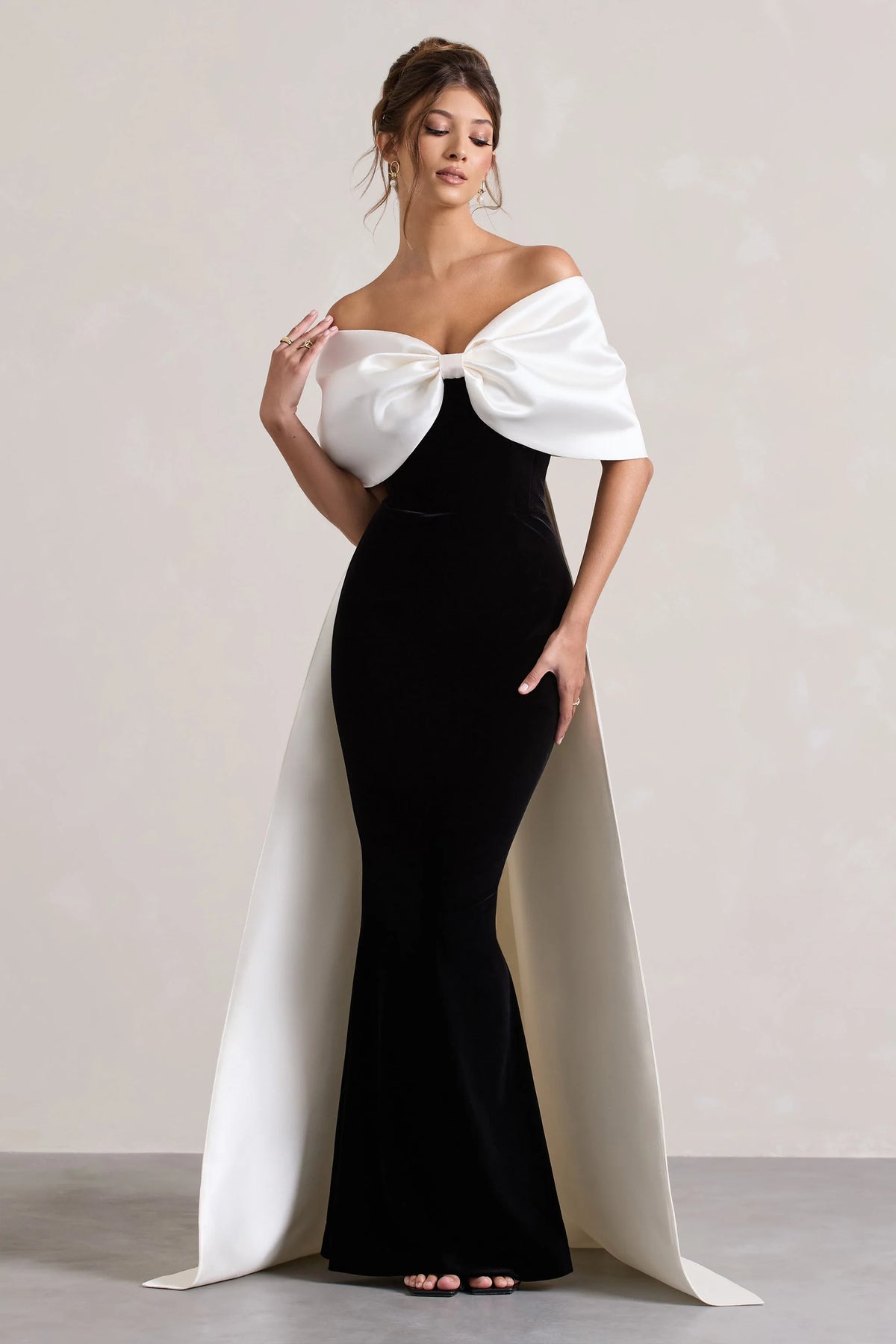 Wanting More | Black & White Satin Cape Maxi Dress With Oversized Bow