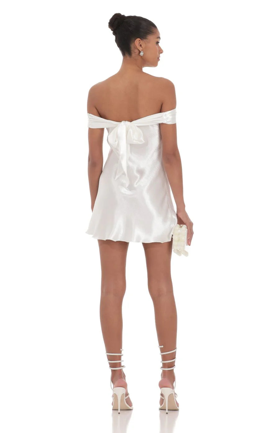 Satin Off Shoulder Dress in White