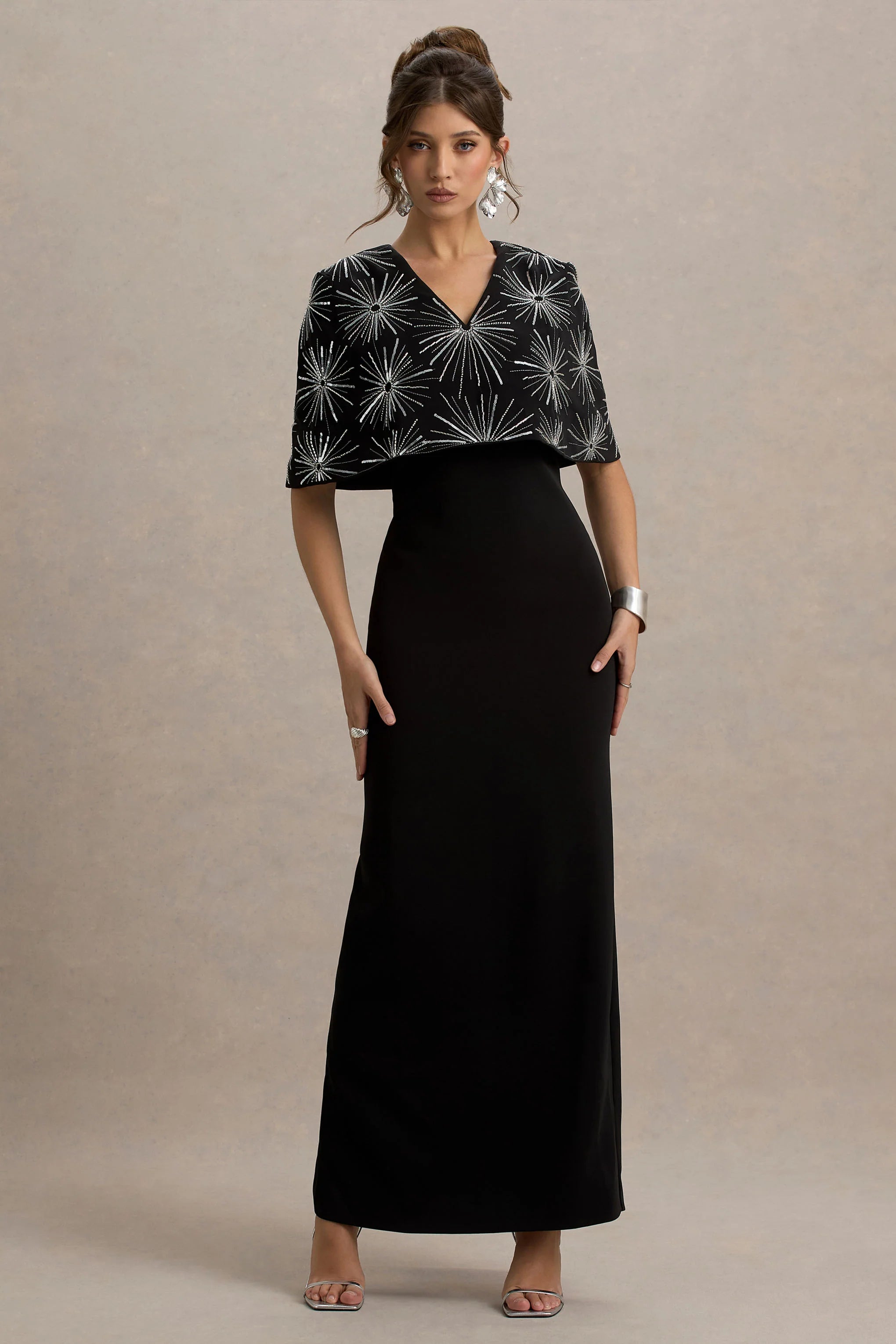 Agnella | Black Embellished V-Neck Maxi Dress