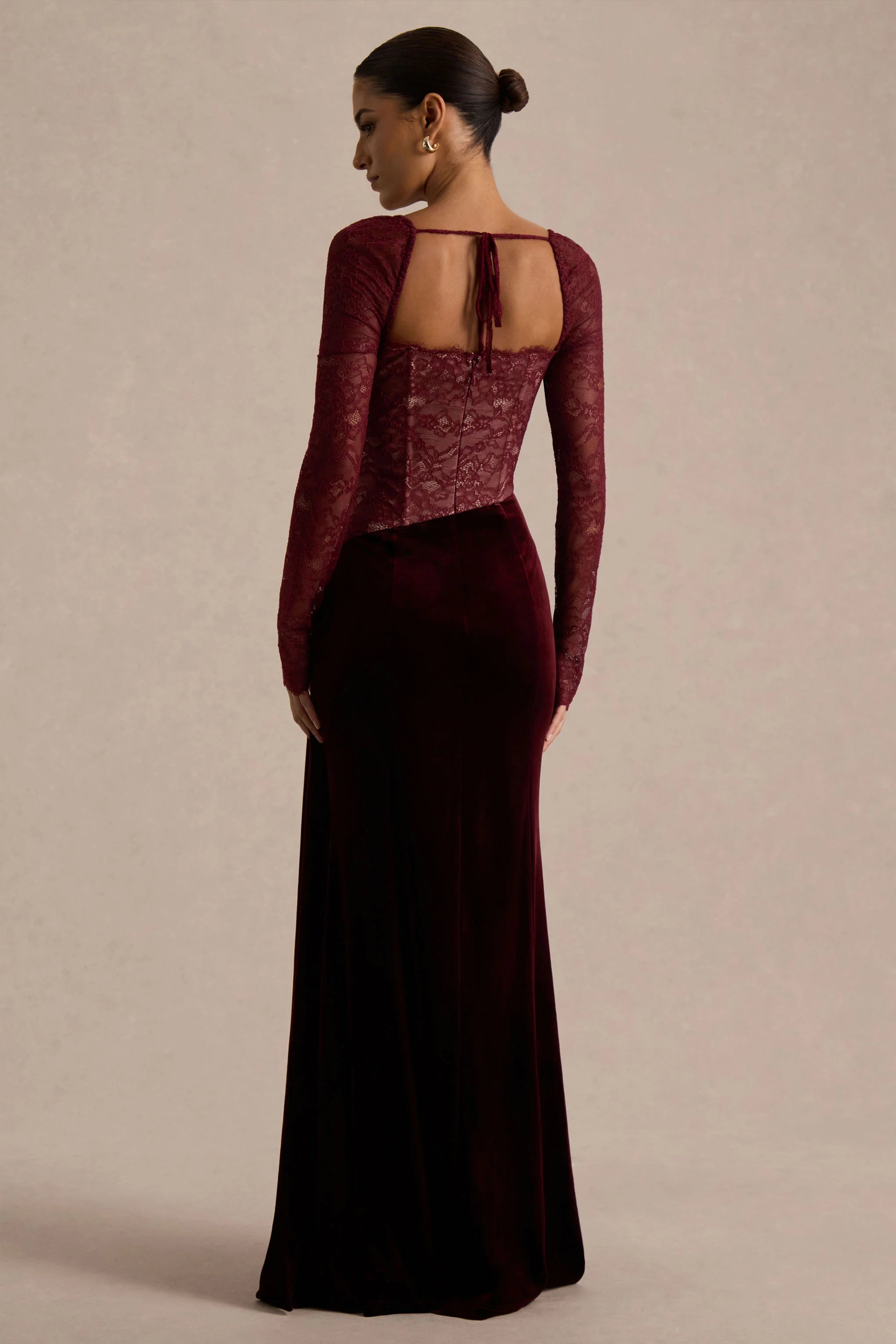 Finesse | Burgundy Lace And Velvet Square-Neck Maxi Dress With Draped Skirt