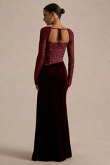 Finesse | Burgundy Lace And Velvet Square-Neck Maxi Dress With Draped Skirt