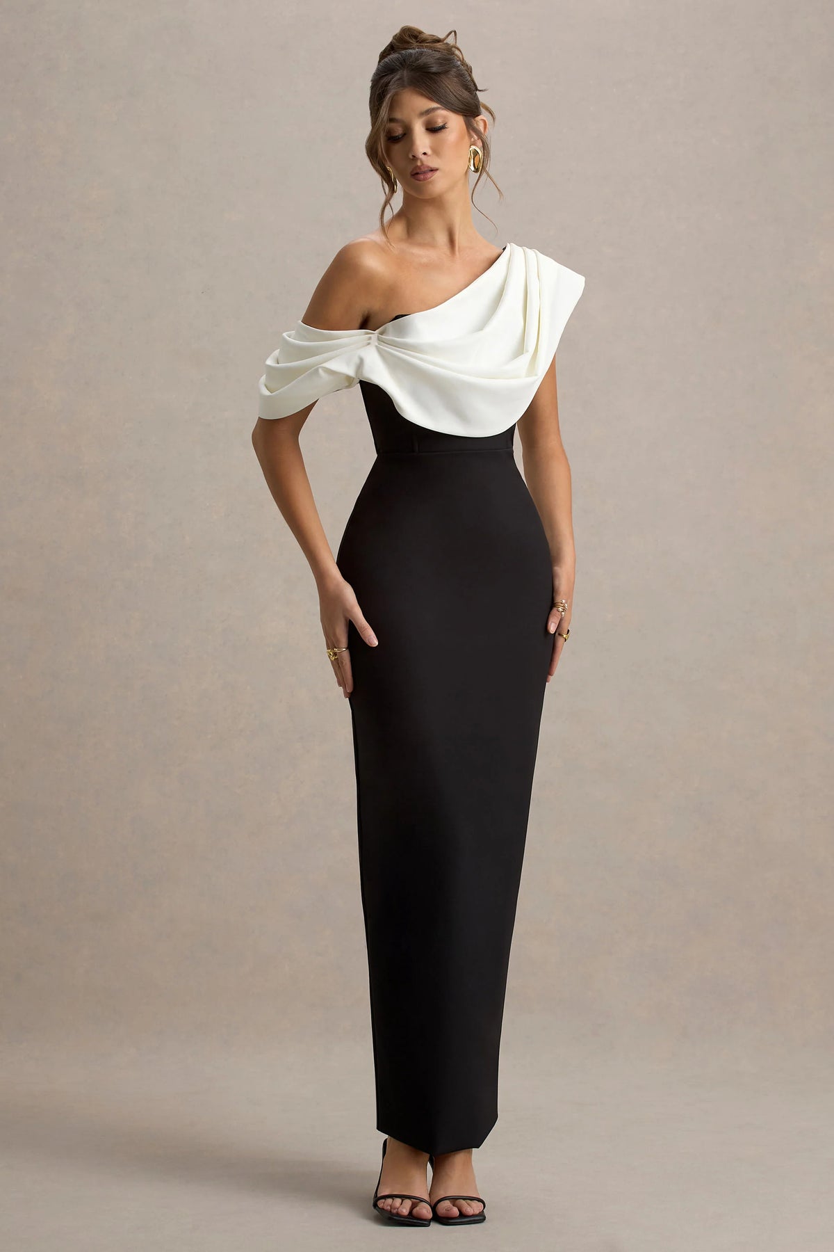 Angelina | Black & White Draped Shoulder Maxi Dress