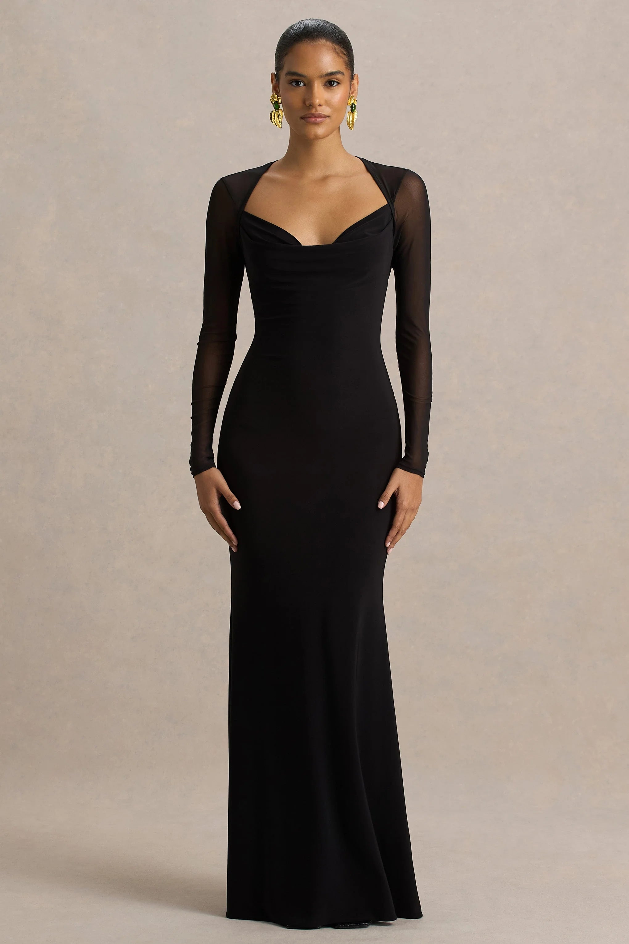 Bethan | Black Cowl-Neck Maxi Dress With Mesh Sleeves And Open-Back