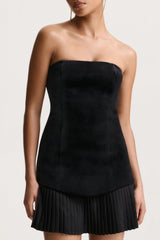 Valentina | Black Velvet Bandeau Mini Dress With Pleated Detailing