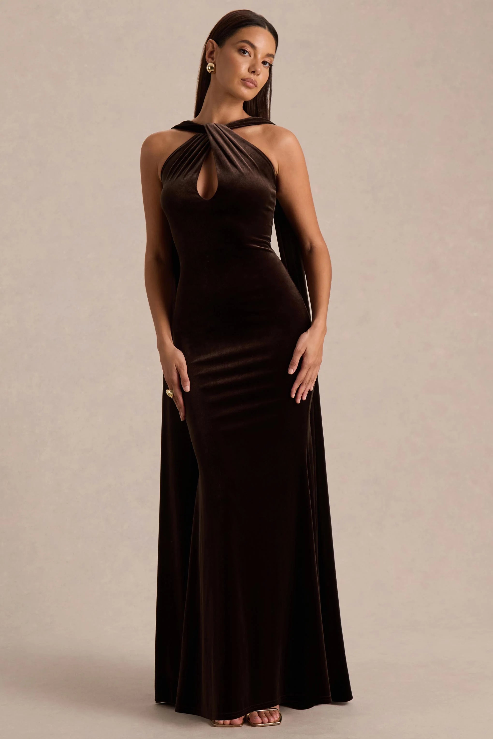 Layli | Brown Velvet Halter-Neck Maxi Dress With Cape