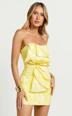 Amalie The Label - Frederika Strapless Ruffle Detail Jacquard Mini Dress in Yellow