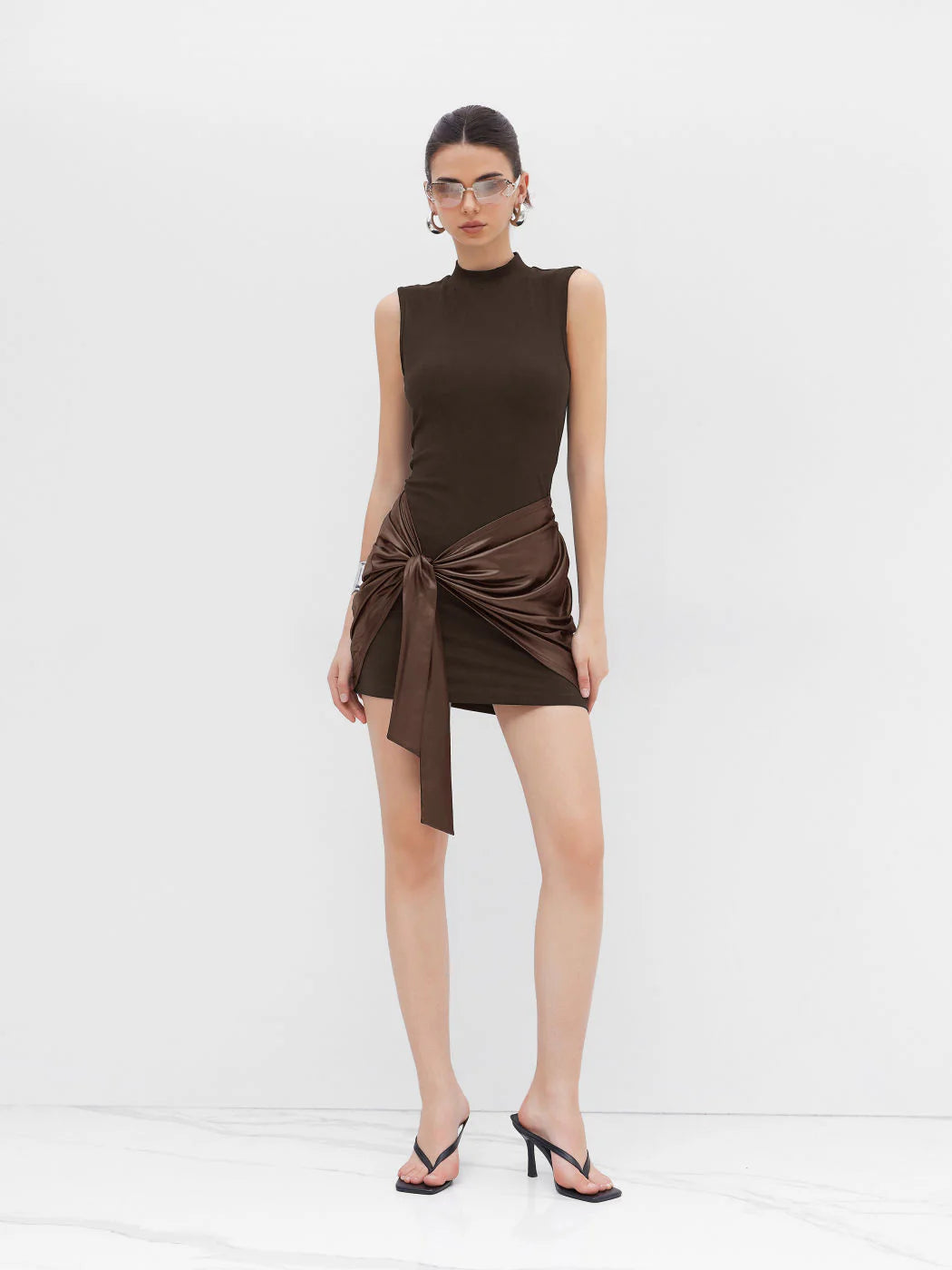 High Neck Ruched Knotted Mini Dress