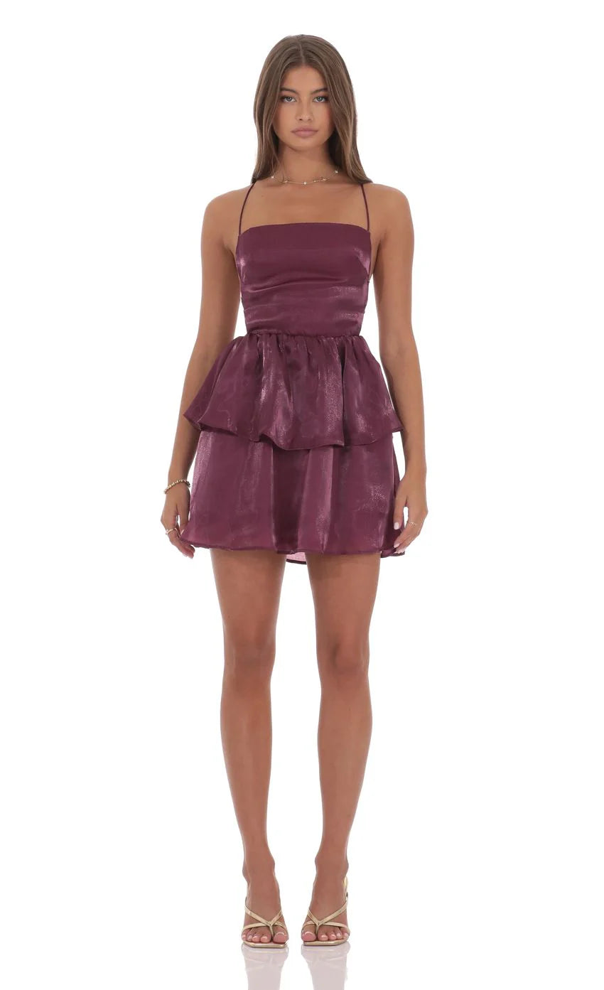 Sheen Ruffle Lace Up Dress in Plum