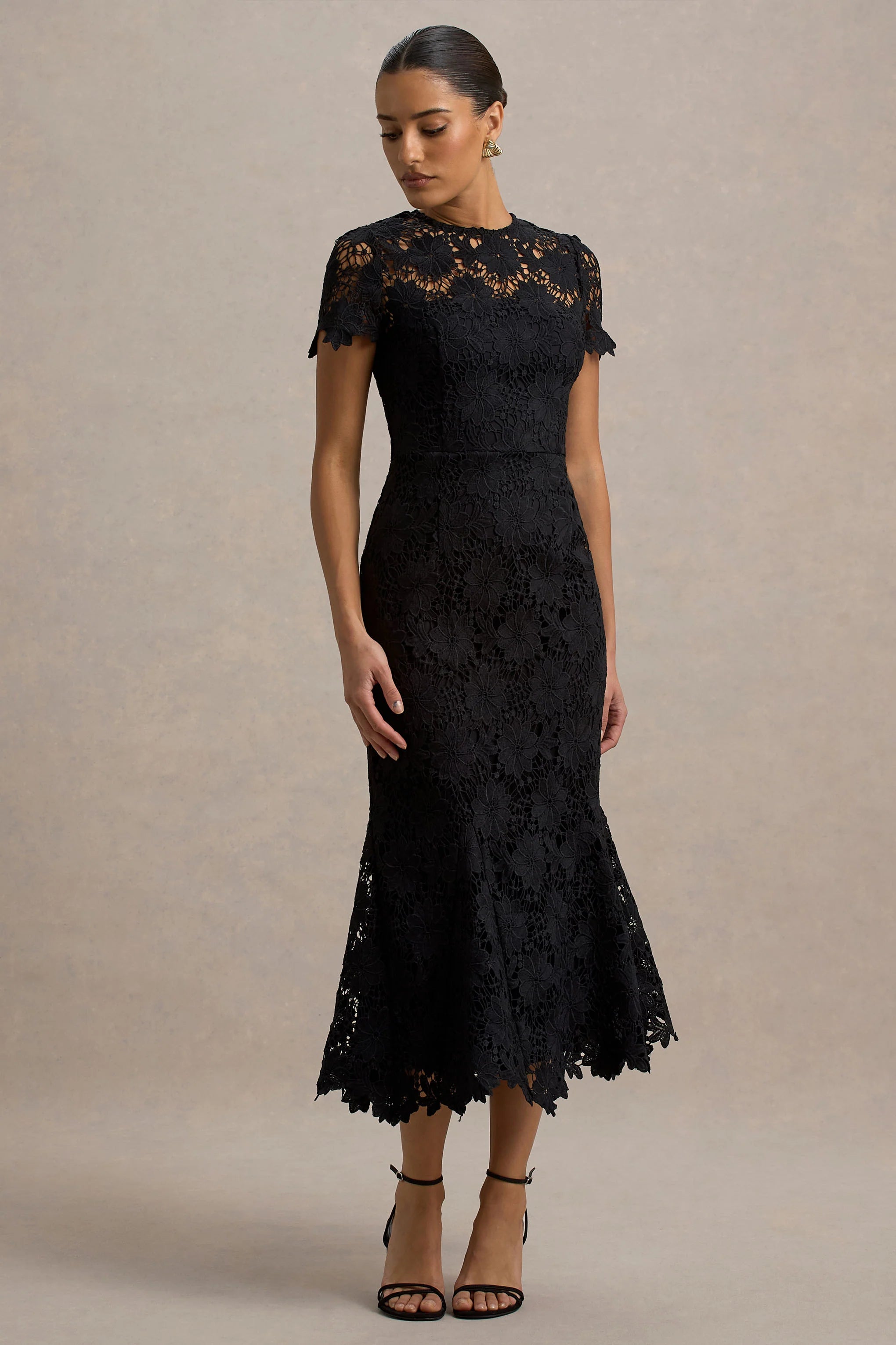 Clarissa | Black Lace Short-Sleeve Pleated Midi Dress