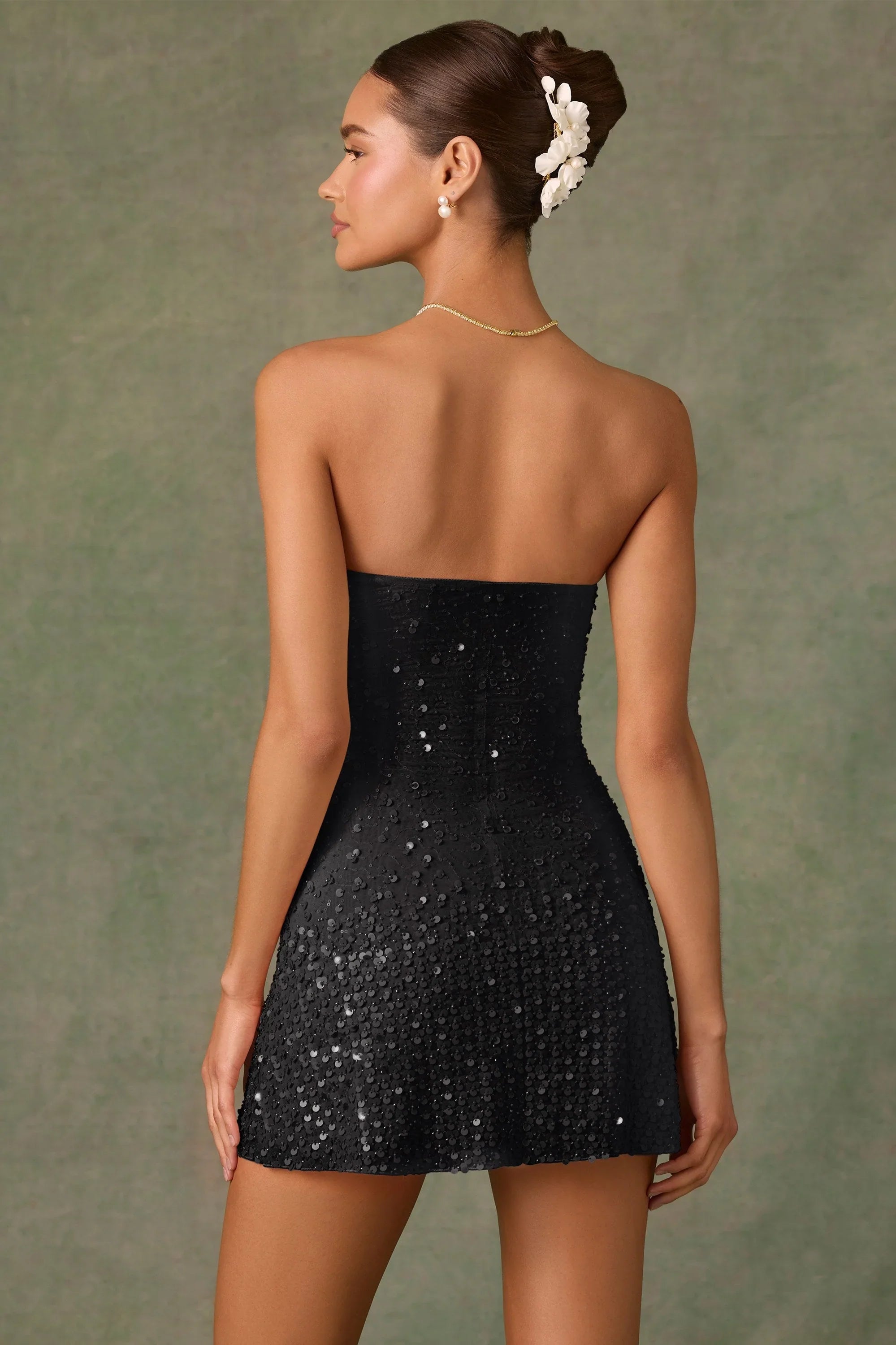 Embellished Sweetheart-Neck A-Line Mini Dress in Black