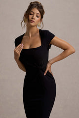 Lorenzie | Black Square-Neck Short-Sleeve Twist Midi Dress