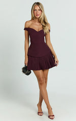 Izara Mini Dress Off Shoulder Pleated Dress in Wine
