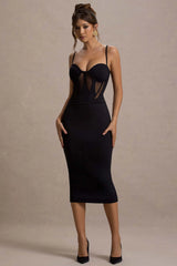 Lucid Dream | Black Strappy Mesh Corset Midi Dress