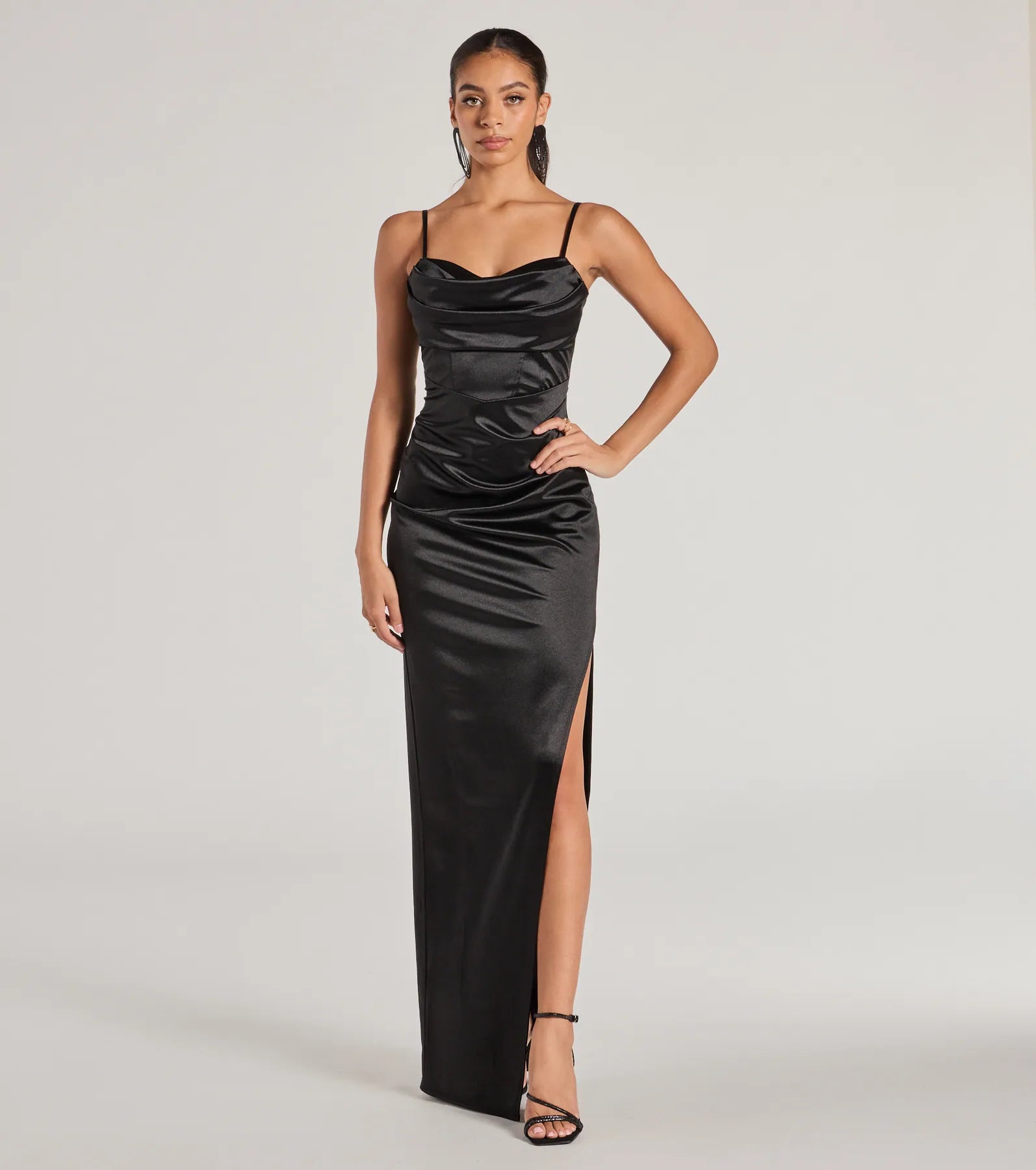 Iliana Cowl Neck High Slit Satin Column Dress