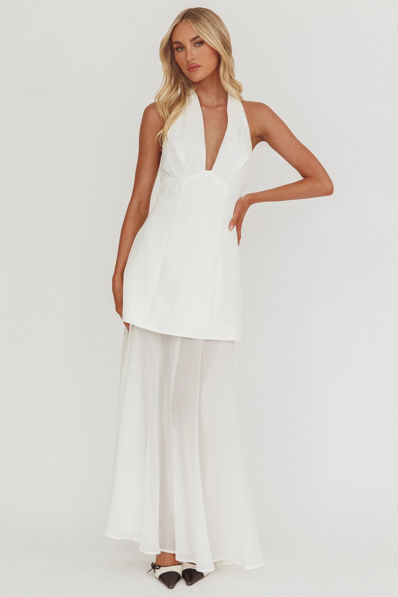 Opulent Halterneck Layered Maxi Dress White