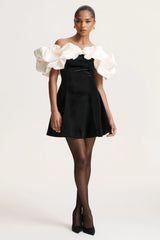 Brynne | Black & Cream Velvet Mini Dress With Satin Puff Sleeves