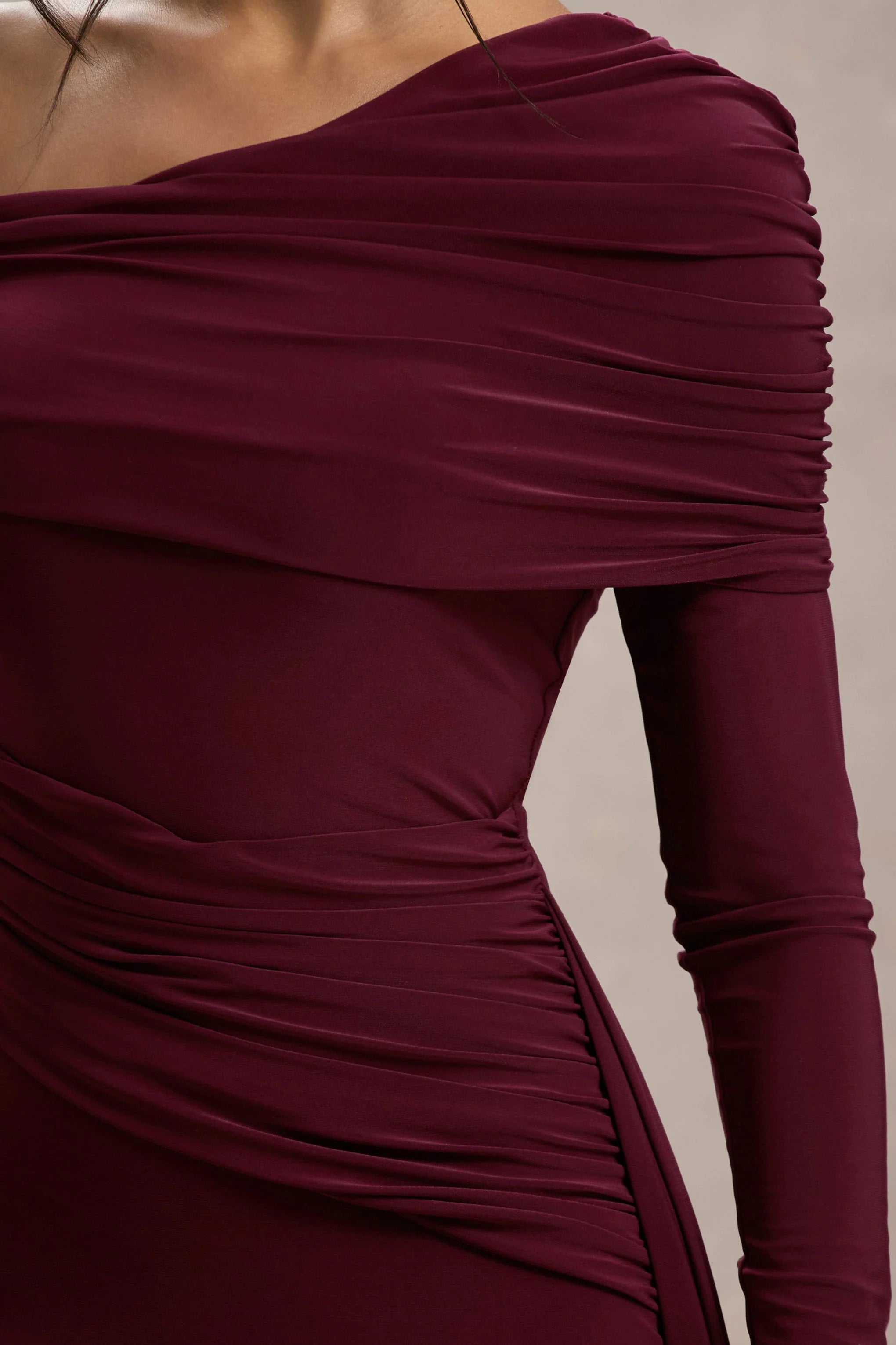 Valina | Burgundy Ruched Asymmetric Maxi Dress With Drape