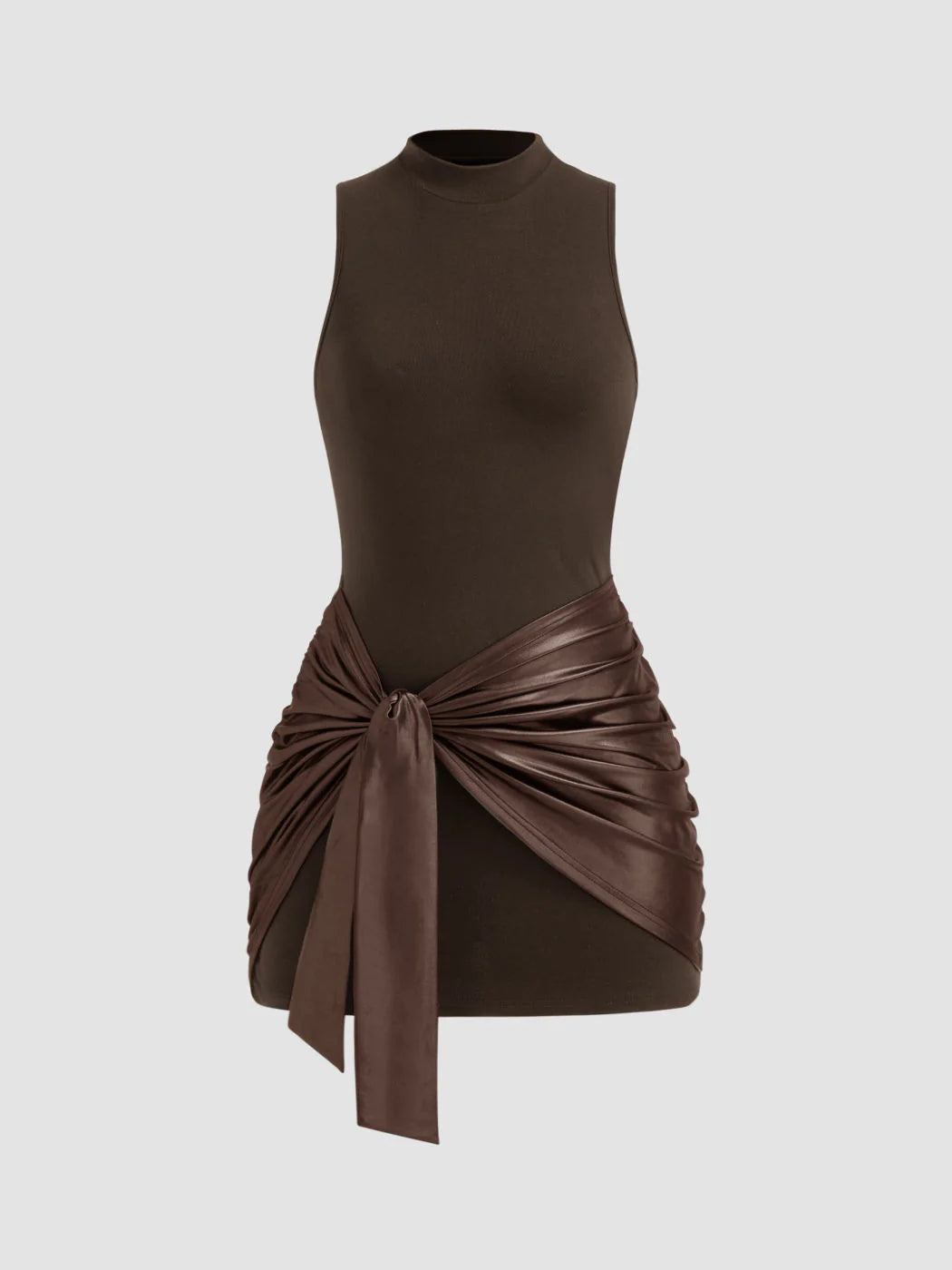 High Neck Ruched Knotted Mini Dress