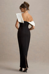 Angelina | Black & White Draped Shoulder Maxi Dress