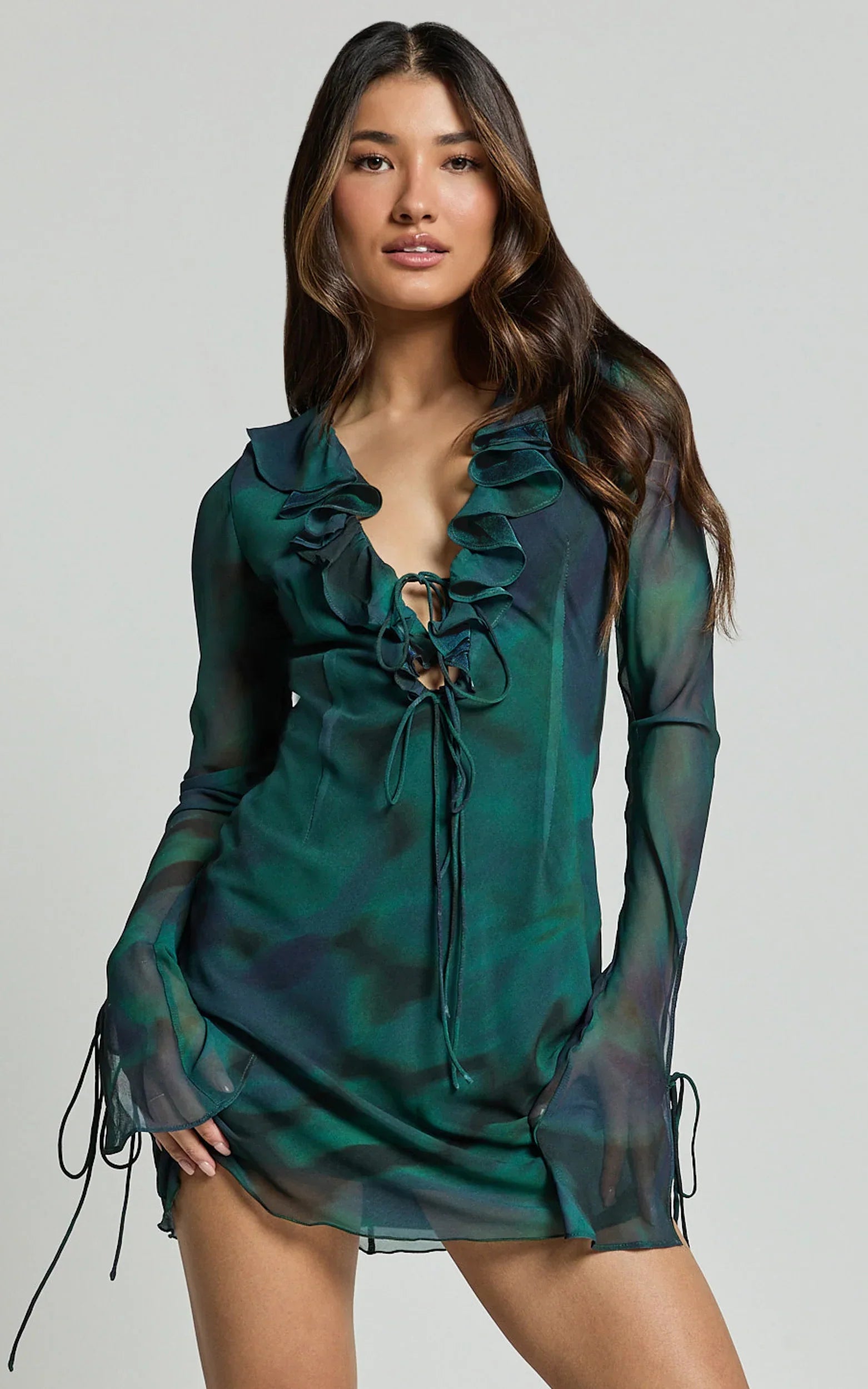 Alesya Mini Dress Ruffle Plunge Neck Long Sleeve Tie Detail Dress in Moss Adeana