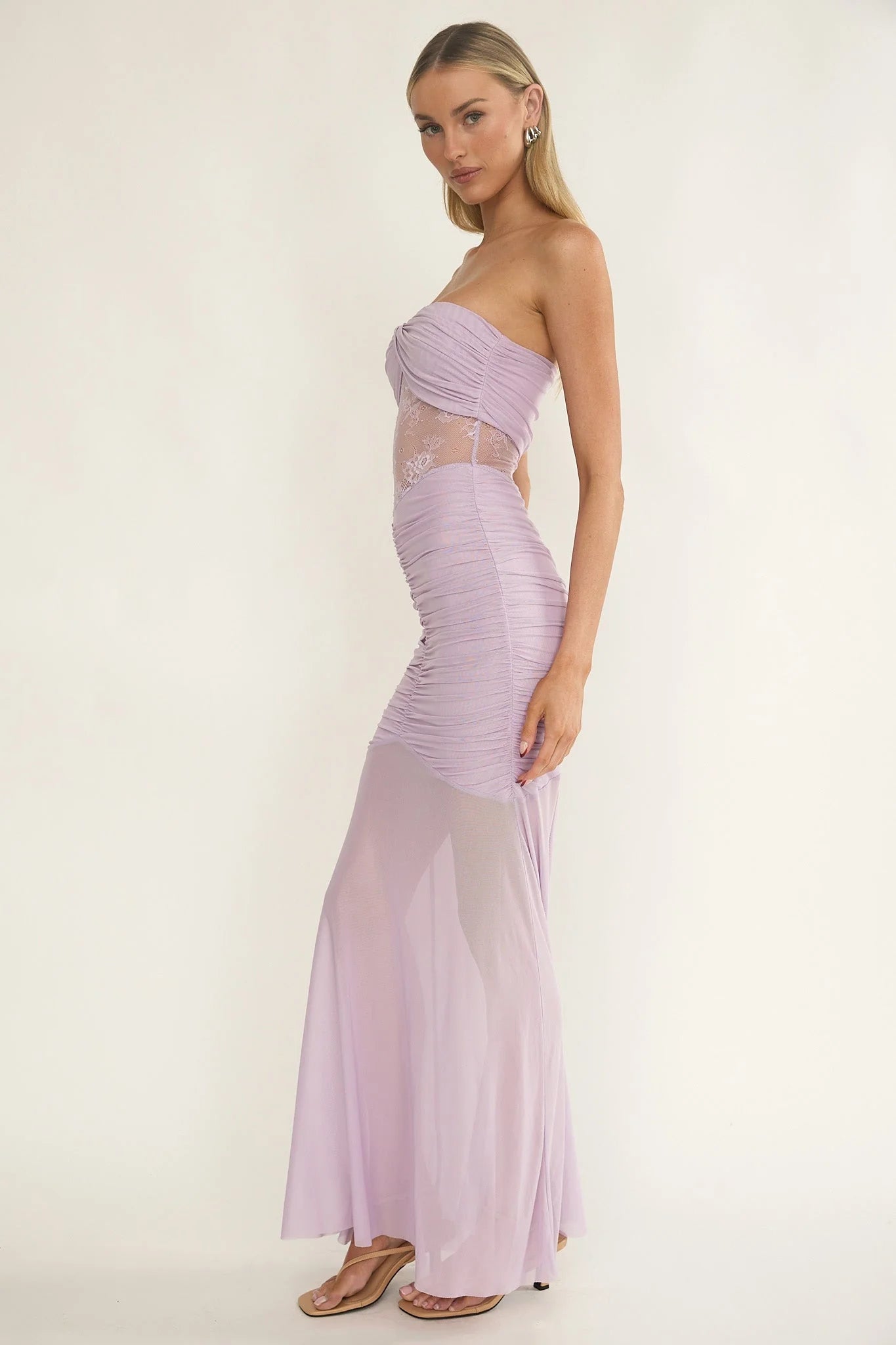 Sade Strapless Sheer Panel Ruched Maxi Dress Lilac