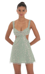 Sequin Pearl Cutout Dress in Green